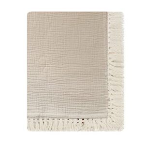 jh-yisheng cotton muslin baby blanket with tassel, newborn swaddle wrap, cotton baby receiving blanket, infant sleeping quilt bed cover, 43"x47" (khaki)