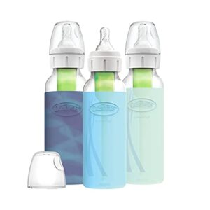 dr. brown's options+ narrow bottle, glass baby bottle with silicone sleeve variety pack 8 ounce - glow/blue/mint