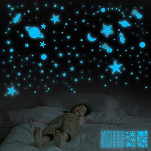 glow in the dark stars for ceiling,359pcs 3d glowing star removable self-adhesive wall decals,moon, rocket and planets wall stickers for girls boys kids diy bedding room bedroom décor (blue)