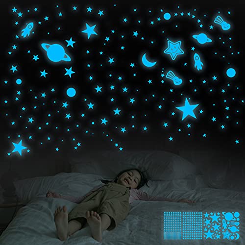 Glow in The Dark Stars for Ceiling,359Pcs 3D Glowing Star Removable Self-Adhesive Wall Decals,Moon, Rocket and Planets Wall Stickers for Girls Boys Kids DIY Bedding Room Bedroom Décor (Blue)