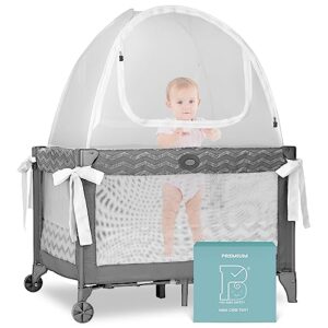 pro baby safety premium pack n play tent, mini crib tent to keep baby from climbing out, auto pop up pack and play tent with auto-lock zippers, thick velvety breathable mesh (gray chevron)