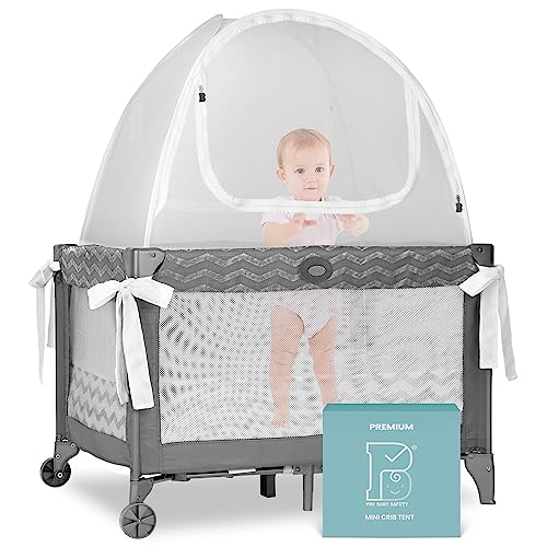 Pro Baby Safety Premium Pack n Play Tent, Mini Crib Tent to Keep Baby from Climbing Out, Auto Pop Up Pack and Play Tent with Auto-Lock Zippers, Thick Velvety Breathable Mesh (Gray Chevron)