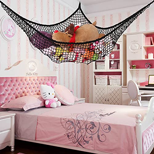 Stuffed Animal Hammock, Toy Hammock Storage Net, LXUNYI Mesh Toy Net Holder Jumbo Wall Corner Giant Baby Kids Children Stuff animals Hammocks Net Organizer for Bedroom (Black, 84 inch)