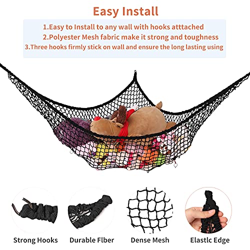 Stuffed Animal Hammock, Toy Hammock Storage Net, LXUNYI Mesh Toy Net Holder Jumbo Wall Corner Giant Baby Kids Children Stuff animals Hammocks Net Organizer for Bedroom (Black, 84 inch)