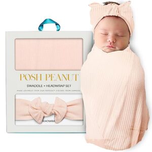 posh peanut baby swaddle blanket, premium soft päpook bamboo swaddles wrap & headband set, anti stink lightweight breathable infant receiving swaddling blankets, large boy & girl newborn shower gift