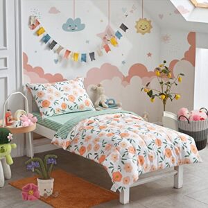 4 Pieces White Girls Toddler Bedding Set Orange Floral Style - Includes Adorable Quilted Flower Comforter, Green Plaid Fitted Sheet, Top Sheet, and Pillow Case for Girls Bed