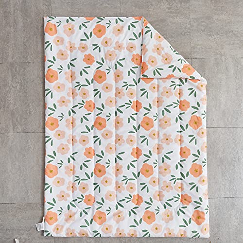 4 Pieces White Girls Toddler Bedding Set Orange Floral Style - Includes Adorable Quilted Flower Comforter, Green Plaid Fitted Sheet, Top Sheet, and Pillow Case for Girls Bed