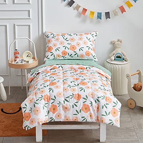 4 Pieces White Girls Toddler Bedding Set Orange Floral Style - Includes Adorable Quilted Flower Comforter, Green Plaid Fitted Sheet, Top Sheet, and Pillow Case for Girls Bed