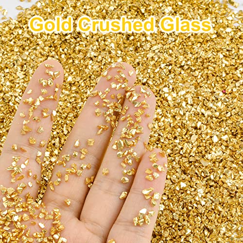 WANDIC Crushed Glass, 200 Grams 2-4mm Gold Crushed Broken Glass, Irregular Metallic Chips Fillers Sprinkles for Resin Crafts, Nail Art, Painting