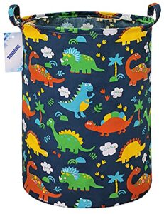 cherrypig runrong large size round storage basket foldable waterproof canvas laundry hamper with handles nursery organizer for bedroom/living room/bathroom(round dinosaur paradise)