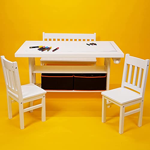 MEEDEN Kids Drafting Table&Chair Set,White Art Play Table,Wood Activity Table with 1 Bench & 2 Chairs,2 Storage Baskets,1 Paper roll for Children Arts&Crafts,Snack Time,Homeschooling,Homework