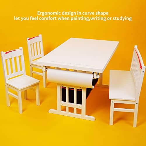 MEEDEN Kids Drafting Table&Chair Set,White Art Play Table,Wood Activity Table with 1 Bench & 2 Chairs,2 Storage Baskets,1 Paper roll for Children Arts&Crafts,Snack Time,Homeschooling,Homework