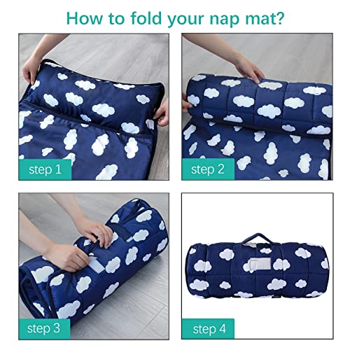 Nap Mats for Preschool Daycare Quilted Portable & Skin-Friendly Toddler Nap Mat Roll up Tavel Sleeping Bag for Kids with Removable Pillow Machine Washable