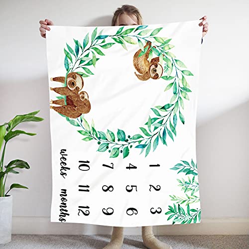 Sloth Baby Monthly Milestone Blanket Baby Boy Greenery Watercolor Jungle Baby Blanket for Boys and Girls Newborn Baby Gift Idea Photography Backdrop Soft Fleece Blanket