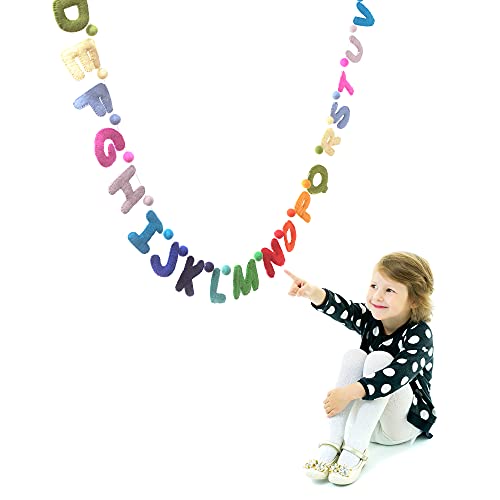 Glaciart One Alphabet Garland - Natural Handmade Wool ABC Letters & Balls - Decorative Wall Decor for Classroom, Playroom, Nursery, Baby, Toddler's Room - Ready-to-Hang Art - 7Ft, Rainbow-Colored