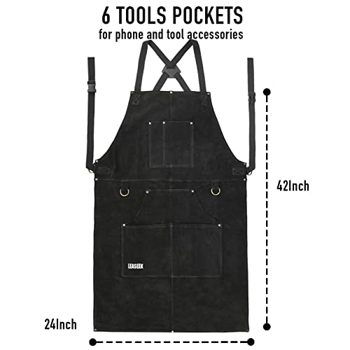 LeaSeek Leather Welding Apron,Heat & Flame-Resistant Heavy Duty Work Apron with 6 Pockets,Woodworking Shop Apron (Black-42)