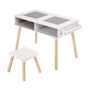 toffy & friends kids activity table set 2 in 1 wooden building block desk w/storage double-sided tabletop for toddler arts, crafts, drawing, reading, playing (white & gray)