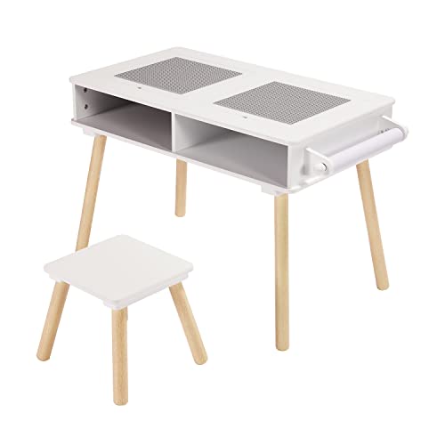 Toffy & Friends Kids Activity Table Set 2 in 1 Wooden Building Block Desk w/Storage Double-Sided Tabletop for Toddler Arts, Crafts, Drawing, Reading, Playing (White & Gray)