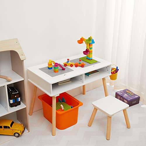 Toffy & Friends Kids Activity Table Set 2 in 1 Wooden Building Block Desk w/Storage Double-Sided Tabletop for Toddler Arts, Crafts, Drawing, Reading, Playing (White & Gray)