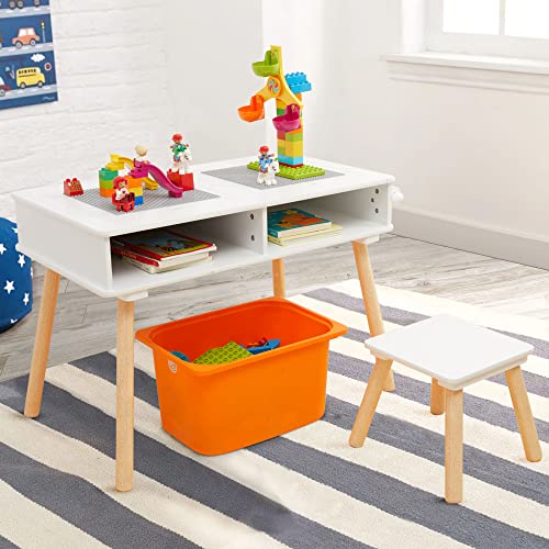 Toffy & Friends Kids Activity Table Set 2 in 1 Wooden Building Block Desk w/Storage Double-Sided Tabletop for Toddler Arts, Crafts, Drawing, Reading, Playing (White & Gray)