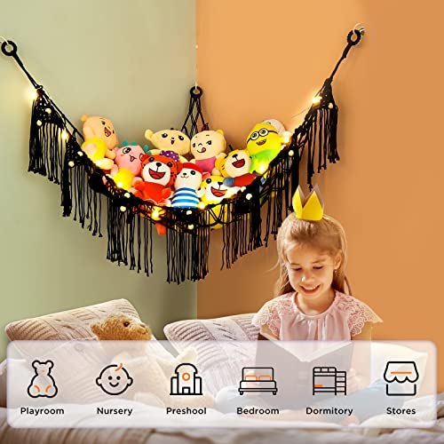 CanJoo Stuffed Animal Net, Stuffed Animal Hammock with LED light Wall Mesh Toy Net Hammock for Stuffed Animals Corner Hanging Toy Storage Organizer Plush Toy Net for Kids’ Play Room Bedroom Black