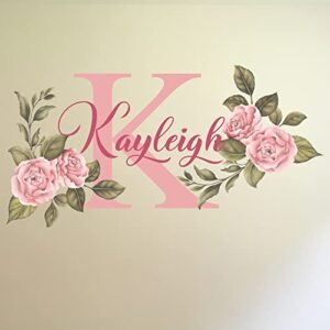 name and initial peonies wall decal - kids wall decor - wm33. custom name removable nursery wall decal for girl - flower mural wall decal for girls bedroom