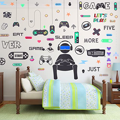 56 Pieces Gamer Wall Decals Gamer Wall Sticker Gaming Controller Joystick Wall Decals Removable Video Games Wall Stickers Game Boy Wall Art for Bedroom Playroom Decoration (Black White)