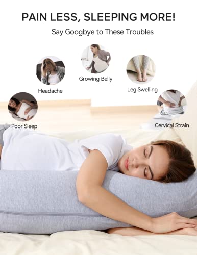 Momcozy Pregnancy Pillows for Side Sleeping, J Shaped Maternity Body Pillow for Pregnancy, Soft Pregnancy Pillow with Jersey Cover for Head Neck Belly Support, Grey