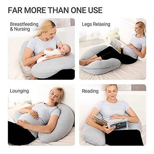 Momcozy Pregnancy Pillows for Side Sleeping, J Shaped Maternity Body Pillow for Pregnancy, Soft Pregnancy Pillow with Jersey Cover for Head Neck Belly Support, Grey