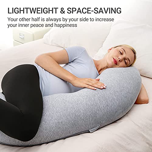 Momcozy Pregnancy Pillows for Side Sleeping, J Shaped Maternity Body Pillow for Pregnancy, Soft Pregnancy Pillow with Jersey Cover for Head Neck Belly Support, Grey