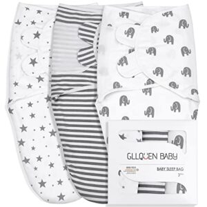 gllquen baby organic swaddle blankets for baby boy girl, gray elephant star & stripe, 3 pack wrap set, newborn adjustable swaddles sleep sack, 0-3 months (small/medium)