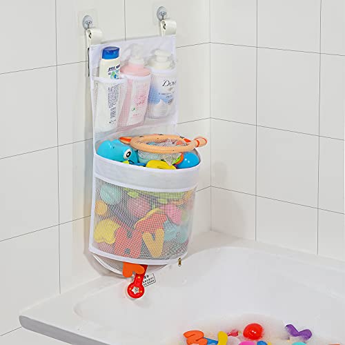 Baby Bath Toy Organizer, quick drying， and mould proof, Multiple-Suspension Bath Toy Holder, Large Capacity Multi Use Bathtub Toy Storage Bag（1 Large, White）