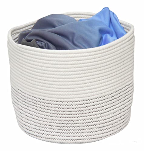 Lorfa Cotton Rope Storage Basket - Woven Laundry Baskets for Blanket, Baby Toy Storage Basket with Hidden Handle, Nursery Basket, 12 By 11 inch (12X11 inch , Grey Line)