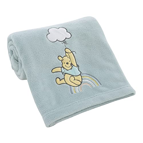 Disney Winnie The Pooh Hello Sunshine Aqua Super Soft Baby Blanket with Multi Colored Rainbow & Cloud Applique, Aqua, Yellow, White