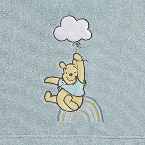 Disney Winnie The Pooh Hello Sunshine Aqua Super Soft Baby Blanket with Multi Colored Rainbow & Cloud Applique, Aqua, Yellow, White