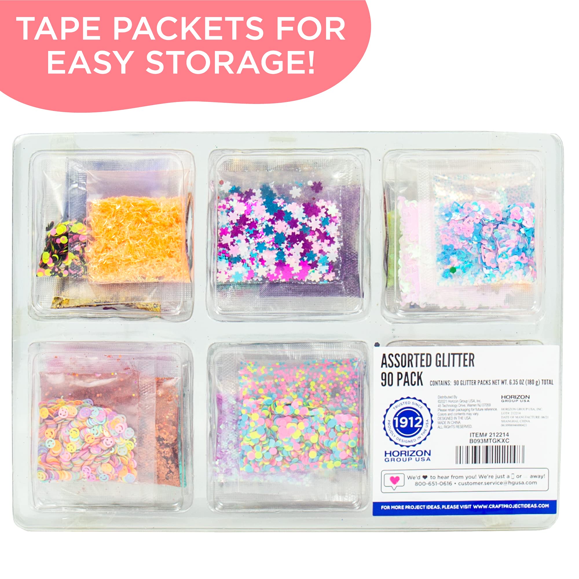 Horizon Group USA Assorted Glitter 90 Pack, Includes Fine, Neon Glitter, Shapes, Foil Glitter & More, Great For Resin Projects, Group Arts and Crafts, DIY Projects, Back to School Supplies & Art Class