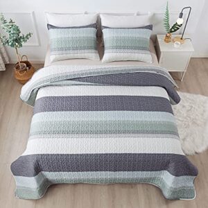 andency stripe quilt set king(106x96inch), 3 pieces (1 striped quilt and 2 pillowcases) mint green patchwork bedspread coverlet, soft lightweight microfiber quilted bedding set