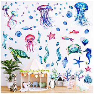 71 pcs ocean wall decals, removable waterproof self-adhesive ocean world jellyfish turtle tropical fish wall stickers for kids, for kids bedroom bathroom wall decor