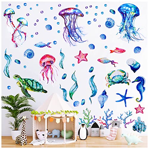 71 Pcs Ocean Wall Decals, Removable Waterproof Self-Adhesive Ocean World Jellyfish Turtle Tropical Fish Wall Stickers for Kids, for Kids Bedroom Bathroom Wall Decor