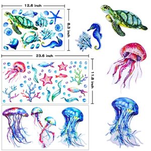 71 Pcs Ocean Wall Decals, Removable Waterproof Self-Adhesive Ocean World Jellyfish Turtle Tropical Fish Wall Stickers for Kids, for Kids Bedroom Bathroom Wall Decor