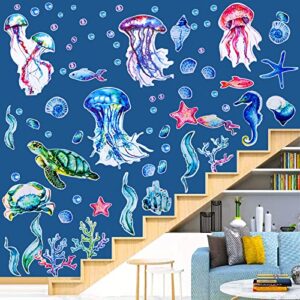 71 Pcs Ocean Wall Decals, Removable Waterproof Self-Adhesive Ocean World Jellyfish Turtle Tropical Fish Wall Stickers for Kids, for Kids Bedroom Bathroom Wall Decor