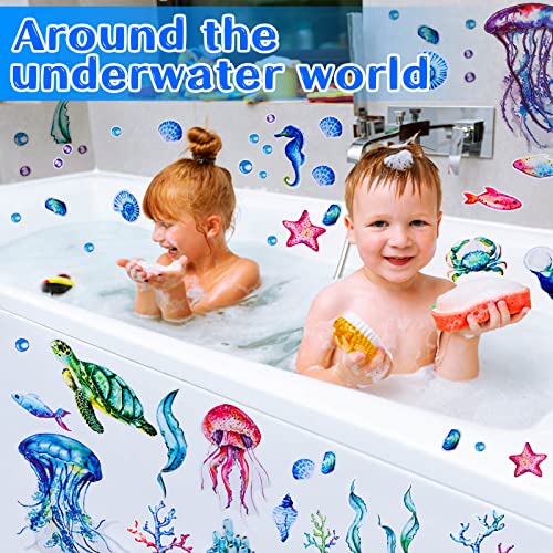 71 Pcs Ocean Wall Decals, Removable Waterproof Self-Adhesive Ocean World Jellyfish Turtle Tropical Fish Wall Stickers for Kids, for Kids Bedroom Bathroom Wall Decor