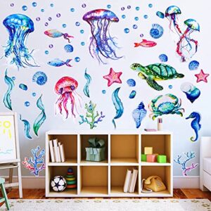 71 Pcs Ocean Wall Decals, Removable Waterproof Self-Adhesive Ocean World Jellyfish Turtle Tropical Fish Wall Stickers for Kids, for Kids Bedroom Bathroom Wall Decor