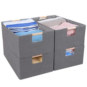 anminy 4pcs storage bins set foldable cotton linen open storage baskets box with wood handles decorative nursery baby kid toy clothes towel laundry organizer container solid color - small, gray