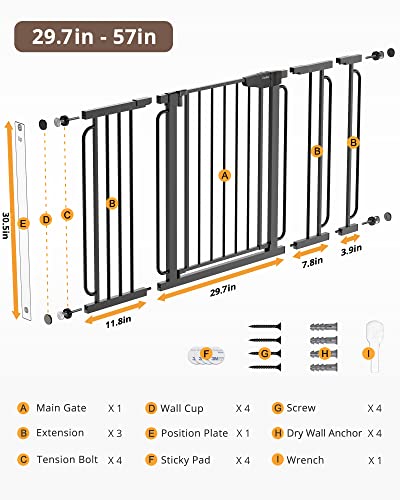 Mom's Choice Awards Winner-Cumbor 29.7-57" Baby Gate for Stairs, Extra Wide Dog Gate for Doorways, Pressure Mounted Walk Through Safety Child Gate for Kids Toddler, Tall Pet Puppy Fence Gate, Black