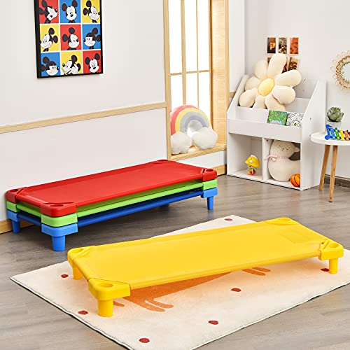 Costzon Daycare Cots for Kids, Pack of 4, 51” L x 23” W Stackable Nap Cots with Easy Lift Corners, Ready-to-Assemble, Preschool Classroom Daycare Beds for Sleeping, Resting, Naptime (Multicolor)