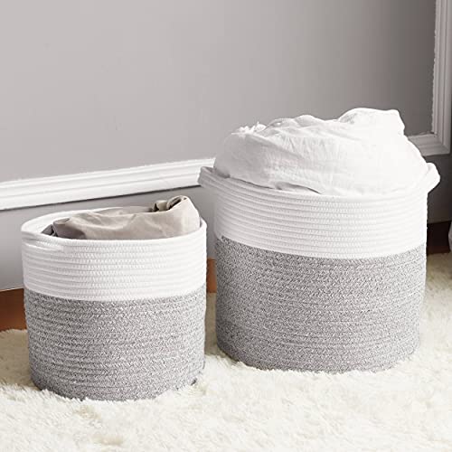 Woven Laundry Basket Storage Bin: Extra Large 22"x22"x14" Decorative Rope Basket with Handle for Baby Blankets Toys as Clothes Hamper-Toy Organizer-Room Organization | White & Gray XXXL