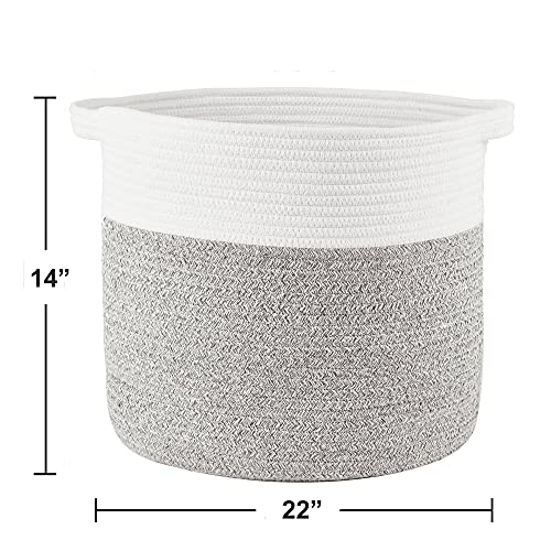 Woven Laundry Basket Storage Bin: Extra Large 22"x22"x14" Decorative Rope Basket with Handle for Baby Blankets Toys as Clothes Hamper-Toy Organizer-Room Organization | White & Gray XXXL