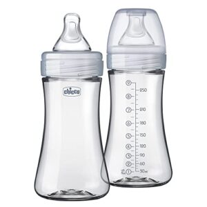 chicco duo 9oz. hybrid baby bottle with invinci-glass inside/plastic outside 2 count (pack of 1) with slow flow anti-colic nipple - clear/grey