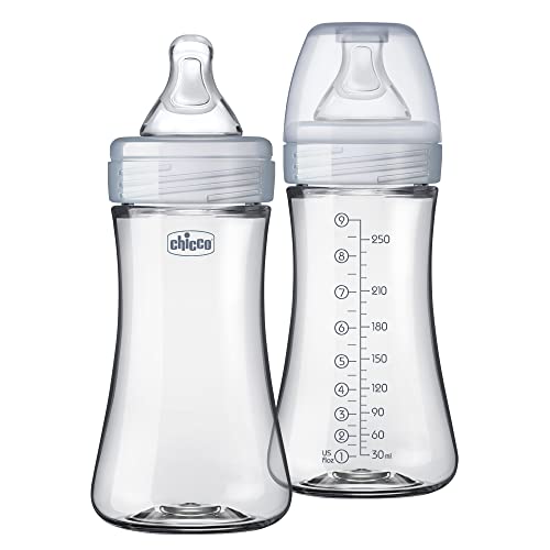 Chicco Duo 9oz. Hybrid Baby Bottle with Invinci-Glass Inside/Plastic Outside 2 Count (Pack of 1) with Slow Flow Anti-Colic Nipple - Clear/Grey